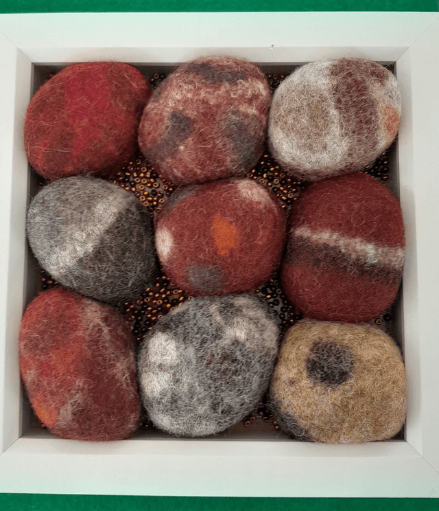 Framed felted wool pebbles